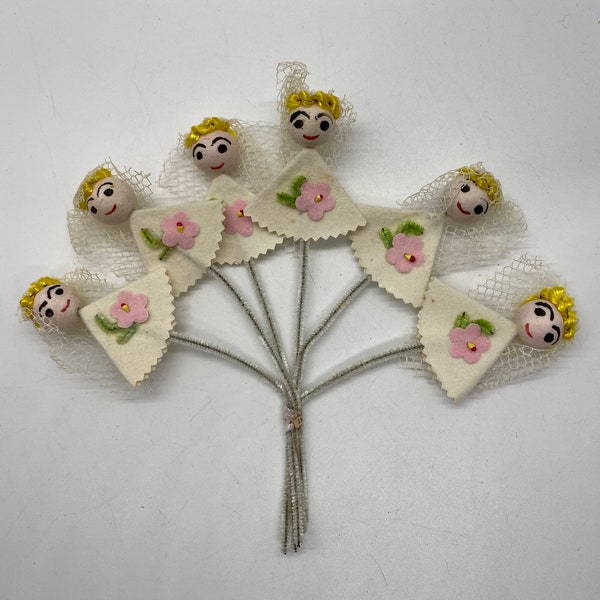 Bride Doll Tie-ons, 1960's Vintage with Spun Cotton heads, Made in Japan, for Wedding Shower Corsages, Decorations or Ornaments- 1, Set of 6
