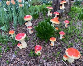 LAST ONES! Cute Small Red Lucky Mushroom Outdoor Garden Resin Sculptures, Choice of 4  Styles, Indoor & Outdoor Fairy Gardens and Gnomes