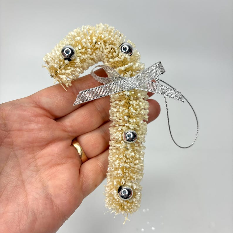 White Bristle Candy Cane With Silver Metallic Balls and Snow Glittered