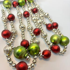 Vintage Style (1 or 2)Glass Christmas Garland: Red, Green & Plastic Silver Beads (72")