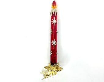 Clip On Red Glass Candle Ornament: Gold Stars, Vintage Retro Look