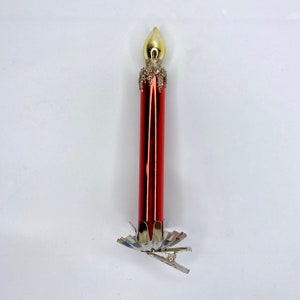 Red Glass Candle Ornament with a clip on the bottom,Silver Glitter and golden Flame, Vintage Retro Look Glass Ornament