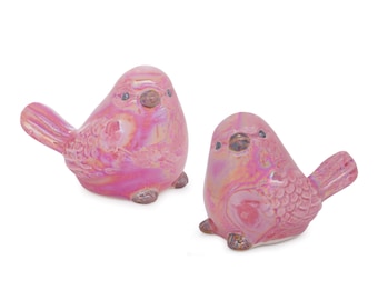 2 Pink Ceramic Birds, Pretty Iridescent Pink Glaze!  Great all year decor!  In 2 different styles ~ You get one of each Chick!