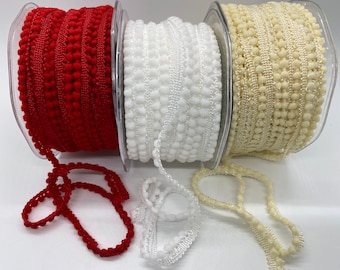 3/8", 10Yd+  Red or White or Ivory Mini Pom Pom Trim, For Crafting and Holiday Gift Wrapping!