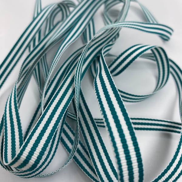 3/8"  10-20+ Yds, Teal Stripe Grosgrain Ribbon with White stripe. Woven Edge~ Card making, Scrapbooking Projects ~ Made in USA!