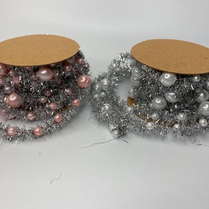 Wired Silver Tinsel Garland, with Pink or White Beads 68"-71" long- LAST ONES!  Discontinued item!!