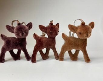 3 Flocked Deer Ornaments, 1 each of 3 colors~From Fall to Holiday Trees, for crafts or decor, Set of 3 Brown Baby Deer, cute retro look!