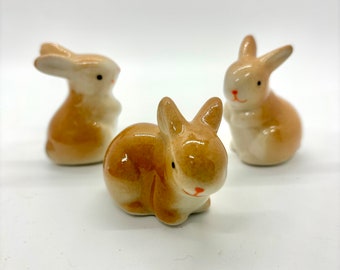 Set of 3 Ceramic Mini Brown Bunny Rabbits for Spring, Easter, Dollhouse, Dioramas and Crafting, Dioramas and Assemblages
