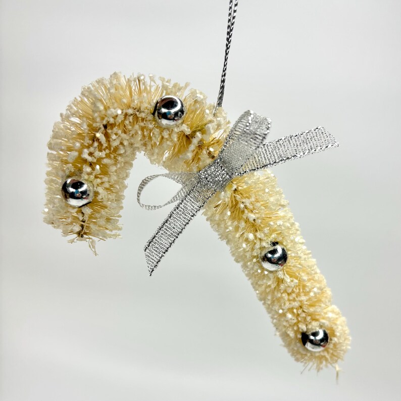 White Bristle Candy Cane With Silver Metallic Balls and Snow Glittered