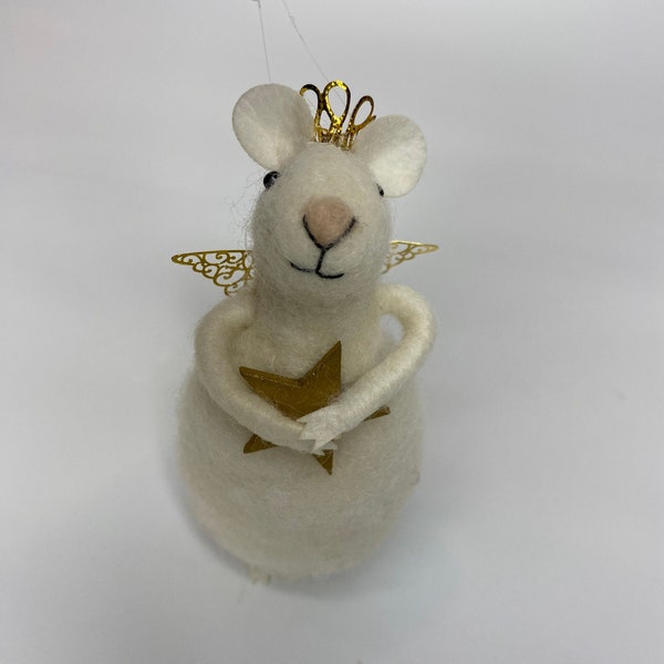 Angel Felt Mouse with Gold Star, Gold Crown and Metal Wings,  Fairy Princess, Godmother, Angel ornament