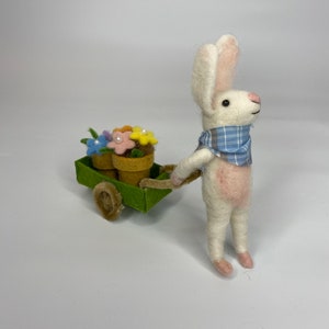 Felt Spring Bunny Dad/Boy with Wheelbarrow filled with pots of Flowers. Super Sweet Decoration!