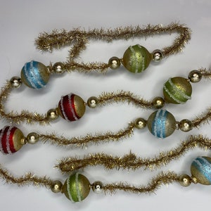 Christmas Tinsel Glass Beads Garland, aged look Tinsel Garland, 73" long, Antique Gold w/ silver accent  tinsel, multicolor striped beads