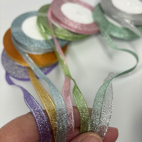 Set of 7, 6mm (1/4"x33yd) ~ 230 Yards total ! New Pastel Spring Glitter Metallics!, Sparkle Ribbons, perfect unique trim for your projects!