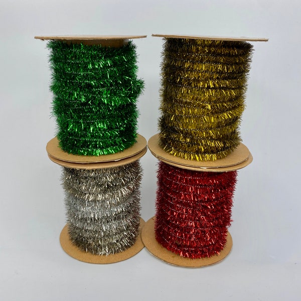 Choice of Aged Wired Tinsel Garland Colors, 72" long each, Choice of Red, Green, Gold or Silver, each on a cardboard spool, 1/4" thick