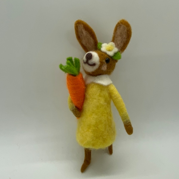 Felt Spring Easter Bunny,  holding a Carrot with a Yellow Dress and cute flower on her head, Hanging ornament