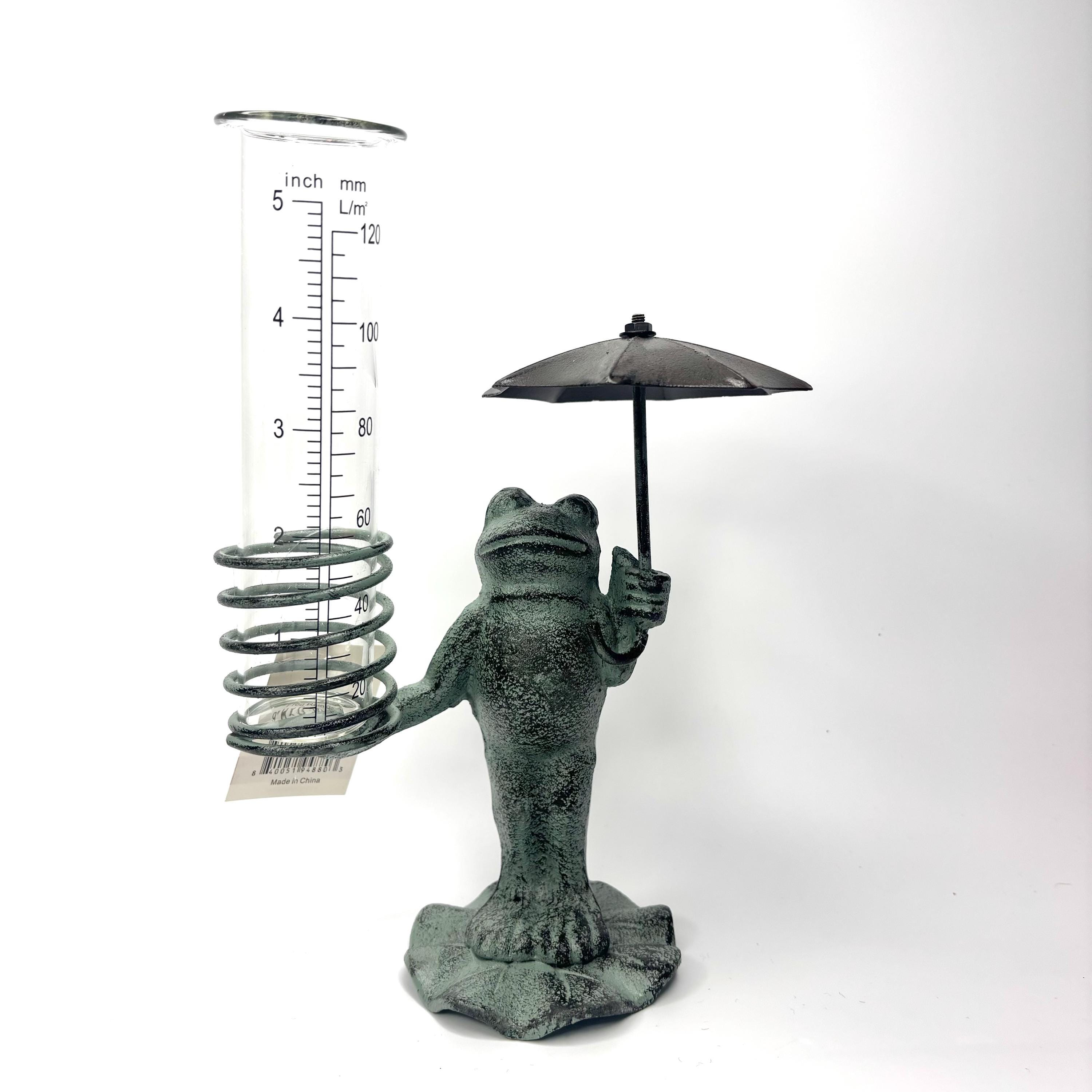 Frog Rain Gauge Cute Metal Frog with Umbrella for Measuring the rain in your Garden, Cute Garden Decor with a glass tube to measure up to 5"