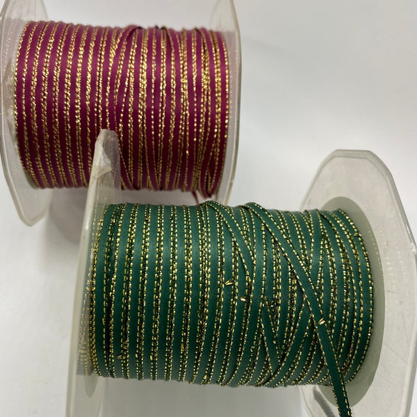 1/8", 5Yd Gold edge Double face Satin Ribbon~Metallic Gold Edge ~ Retired vintage May Arts Burgundy & Hunter Green