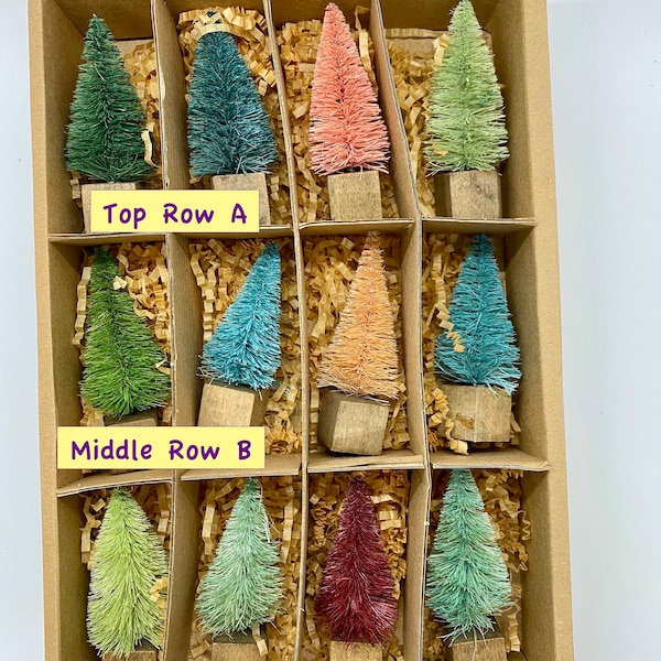 Mini Bottle brush Trees, 4 trees- Choice of Row A,B or C~  Beautiful Blues and Pinks- Christmas Trees on Wood Block~ for Craft Making