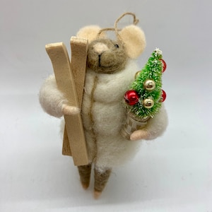 Brown Felt  Mouse with White Puffy Coat, with Wood Skis and Decorated Bottlebrush Tree, Woodland Gnome Friend