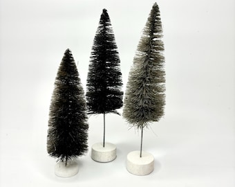 Set/3 Sisal Bottle Brush Trees: Black & Grey Neutral Decor (Set of 3)