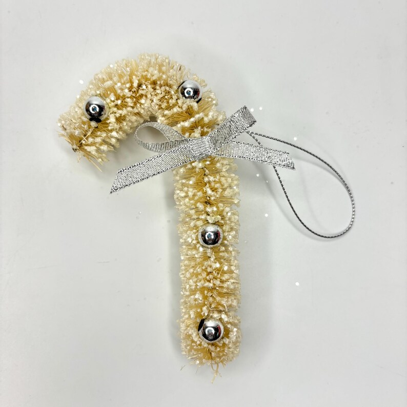 White Bristle Candy Cane With Silver Metallic Balls and Snow Glittered