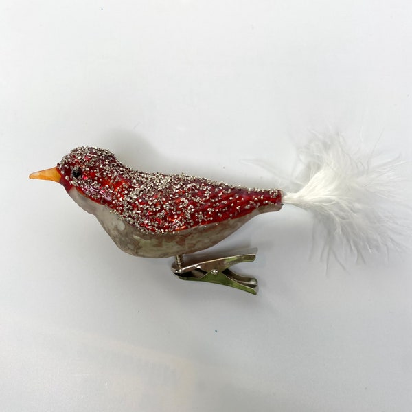 Bethany Lowe Clip on Red Retro Mercury Glass Bird Ornament, Silver glitter, vintage inspired with white feather Tail,  a nice Vintage Look