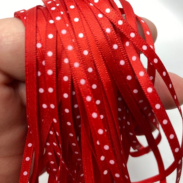 1/8", 20Yd+ Mini White Center Dot Satin Ribbon Red~Woven Edge~Perfect accent for Lucky Mushroom, Holiday Gift Wrapping ~ Polka Dot