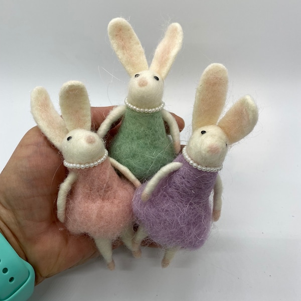 Felt Bunny Rabbit with Pastel Dress & Pearl necklace, Ballet /Fancy Easter Bunnies - CHOICE of one, Pink, Mint Green or Lavender ornament