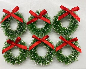 Green 1 3/8" Set of 6 Mini Wreaths, Sisal Bottle Brush type with tiny red satin bow