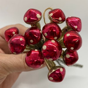 Red Mercury Glass Mushroom Pick Stems, Gorgeous Lucky Mushrooms, Set of 12 for crafting, Christmas tree branches, corsages & More!