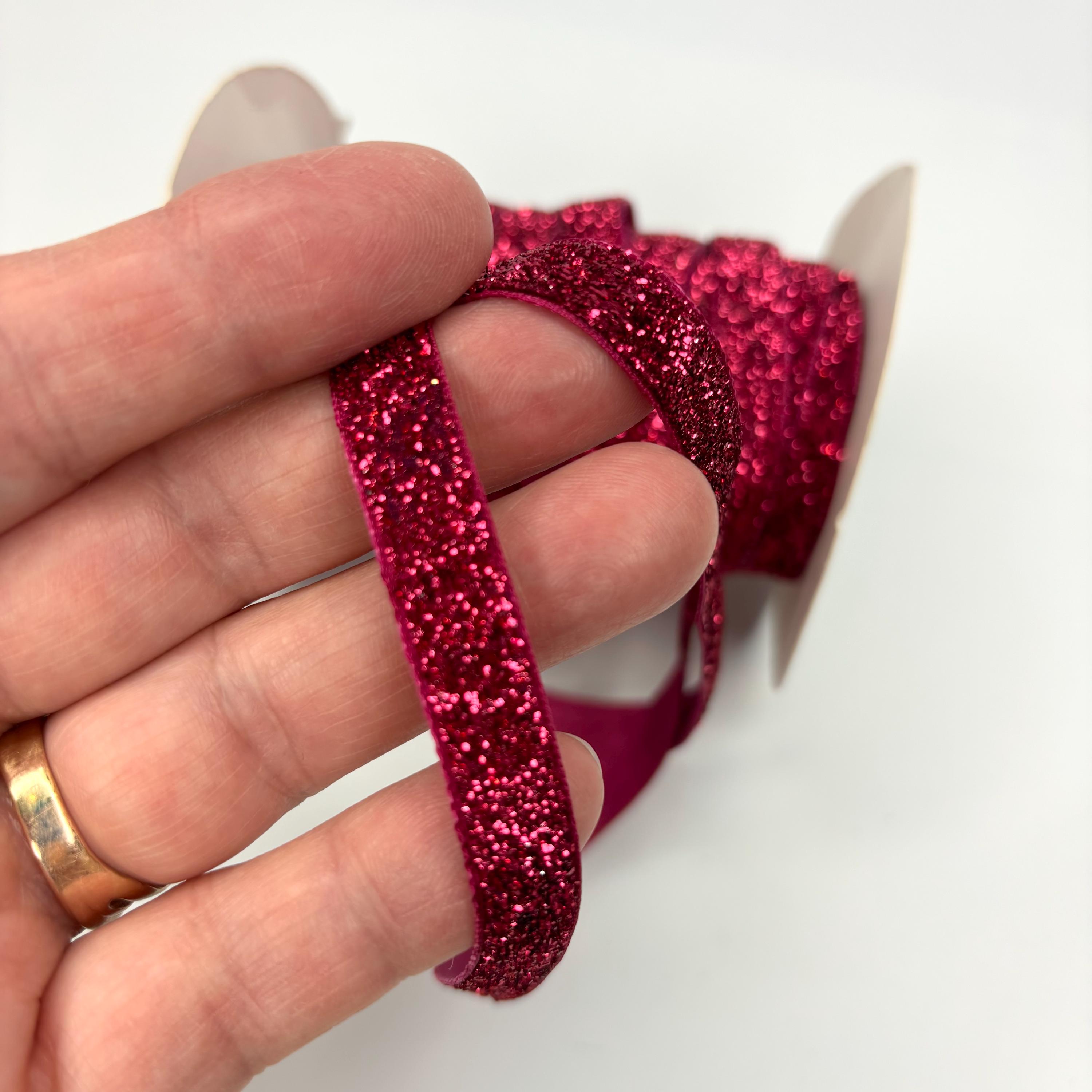 Raspberry Pink Glitter Velvet Ribbon: 3/8