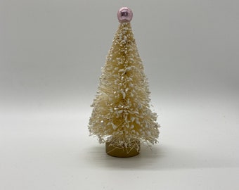 Mini Bottle brush Christmas Tree, 4.25" tall,  Cream with white snow and PINK bead topper