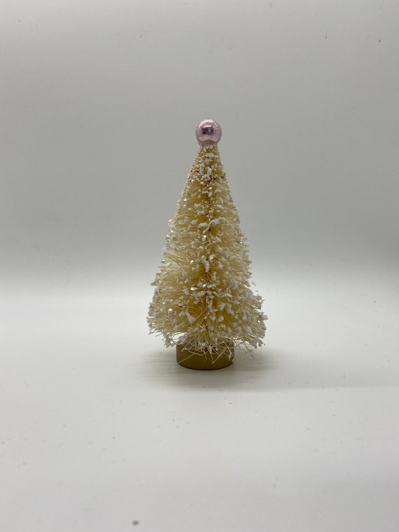 Mini Bottle Brush Christmas Tree, 4.25 Tall, Cream With White Snow and PINK  Bead Topper 