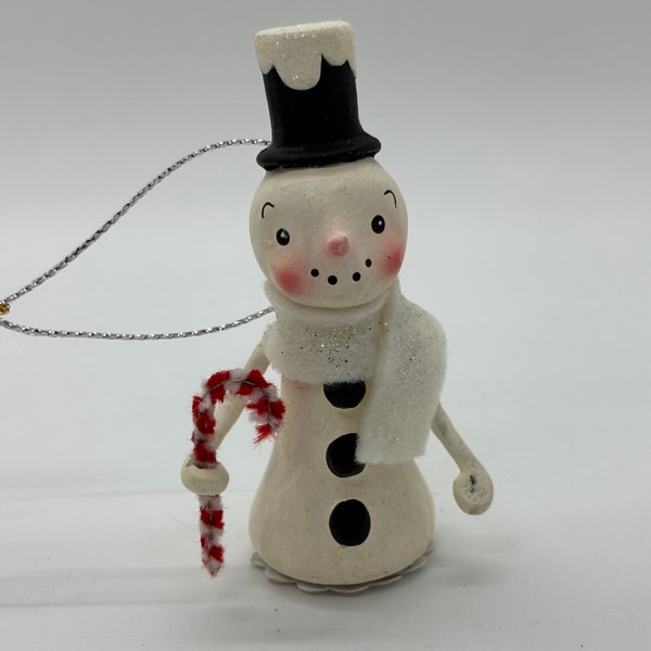 Bethany Lowe Little Snowman Ornament, Holding a tiny Chenille Candy Cane, with a black top hat and white felt scarf