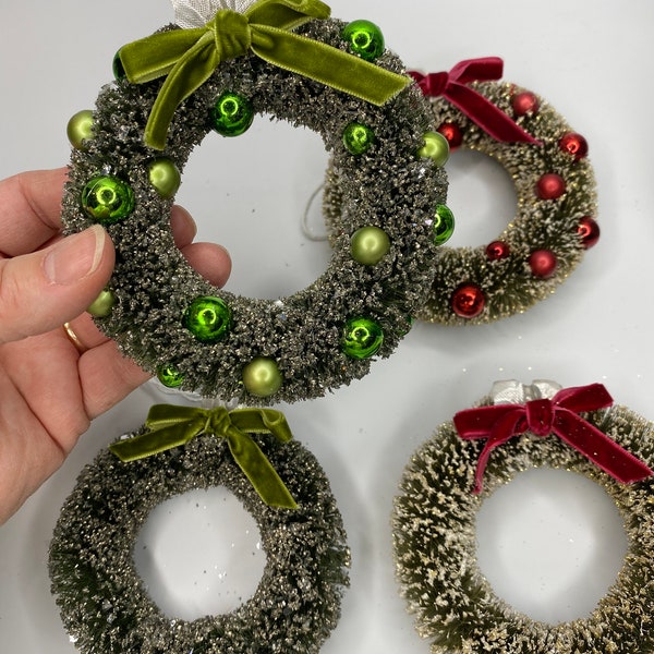 4.5" Bottle Brush Glitter Wreaths with Velvet bows, Beautiful Vintage Look ~ Choice of red, green, decorated or plain