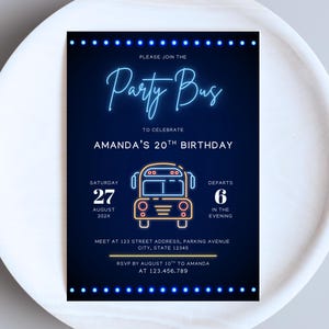 Editable Party Bus Invitation, Neon Party Bus Birthday Party Invites Template, Canva Template, Instant Download, Modern Party Invite