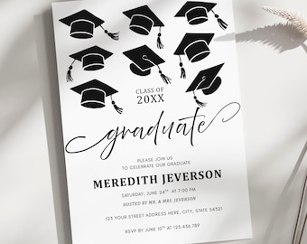 May include: A white graduation announcement with black text and graphics. The design features multiple mortarboard illustrations and the word "graduate" in elegant script. The announcement includes details for a graduation celebration, including the graduate's name, date, time, and location.