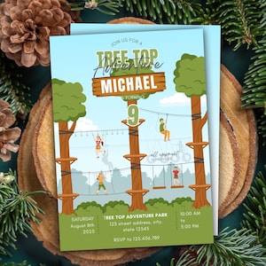 Editable Tree Top Adventures Birthday Invitation, printable Zip Line Outdoor Adventure Park Jungle Fun Invite Canva Template, Customize Text