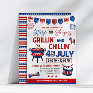 Invitación editable para fiesta del 4 de julio, plantilla de Canva para asar y relajarse, celebración de barbacoa y fuegos artificiales, invitación a fiesta con rayas rojas, azules y blancas.