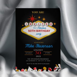 Invito di compleanno modificabile al casinò, festa di compleanno a Las Vegas per il 30°, 40° e 50° anniversario a tema poker, serata al casinò, pensionamento al casinò, inviti per giocare a poker