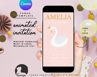 May include: A pink and gold animated invitation for a birthday party. The invitation features a white swan with a gold crown and the text "Amelia is turning three".