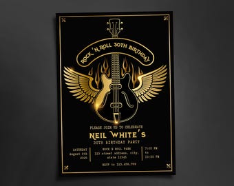 May include: Black invitation card with gold accents, featuring a guitar with wings and flames, and the text "Rock 'n Roll 30th Birthday." Includes event details: date, time, location, and RSVP information. A stylish design for a rock-themed birthday party.