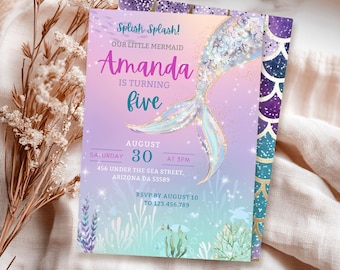 Bearbeitbare Mermaid Geburtstagseinladung, druckbare Mermaid Bash unter dem Meer Geburtstag einladen, Splish Splash Mermaid lädt ein, canva Vorlage