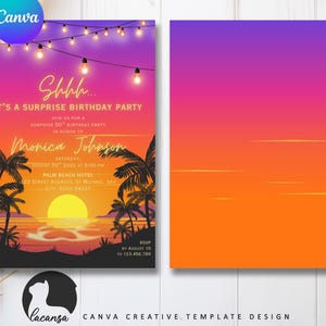May include: A vibrant invitation for a surprise birthday party. The design features a sunset scene with palm trees, a glowing sun, and string lights. Text includes "Shhh... It's a Surprise Birthday Party" and event details. The Canva logo is in the upper left corner.