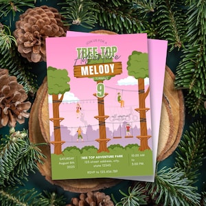 Editable Tree Top Adventures Birthday Invitation, printable Zip Line For Girl Outdoor Adventure Park Jungle Fun Invite, Canva Template