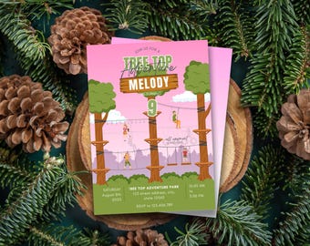 Editable Tree Top Adventures Birthday Invitation, printable Zip Line For Girl Outdoor Adventure Park Jungle Fun Invite, Canva Template