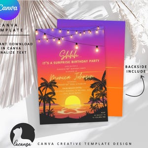 May include: A vibrant invitation template with a sunset beach scene, palm trees, and string lights. The text reads "Shhh... It's a Surprise Birthday Party" and includes details for a 50th birthday. The design is available for instant download and personalization.