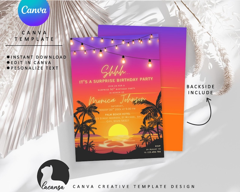 May include: A vibrant invitation template with a sunset beach scene, palm trees, and string lights. The text reads "Shhh... It's a Surprise Birthday Party" and includes details for a 50th birthday. The design is available for instant download and personalization.