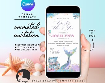 May include: Animated digital invitation for a 3rd birthday party with a mermaid theme. The invitation features a mermaid tail, a treasure chest, and the text "Under the Sea" in a whimsical font. The invitation is designed for a phone screen and has a resolution of 1080 x 1920 pixels.