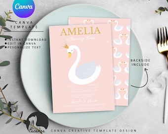 May include: Pink and white printable birthday invitation with a gold crown and the text "Amelia is turning three". The back of the invitation has a pattern of white swans on a pink background.